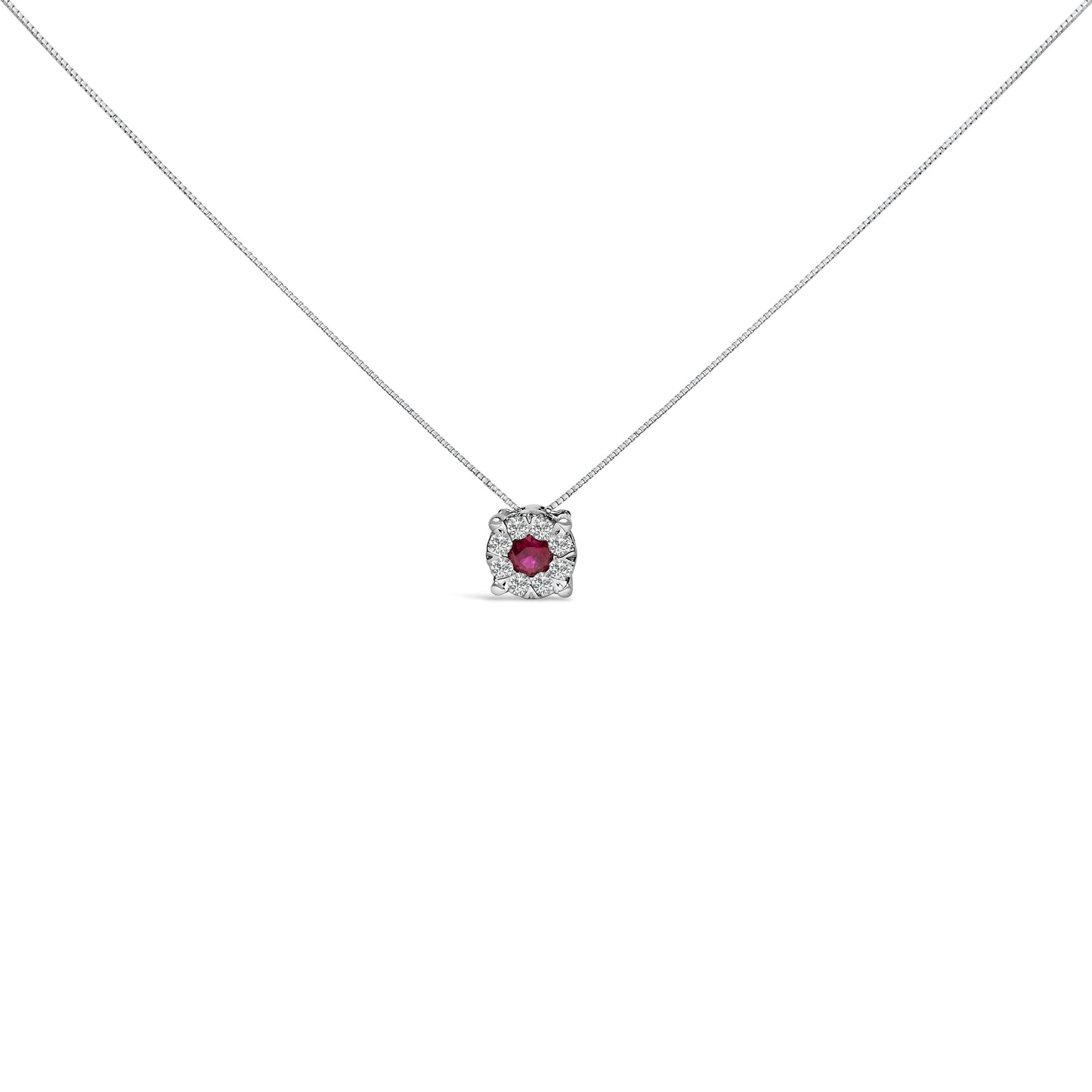 14K White Gold Ruby and Diamond Halo Pendant Necklace