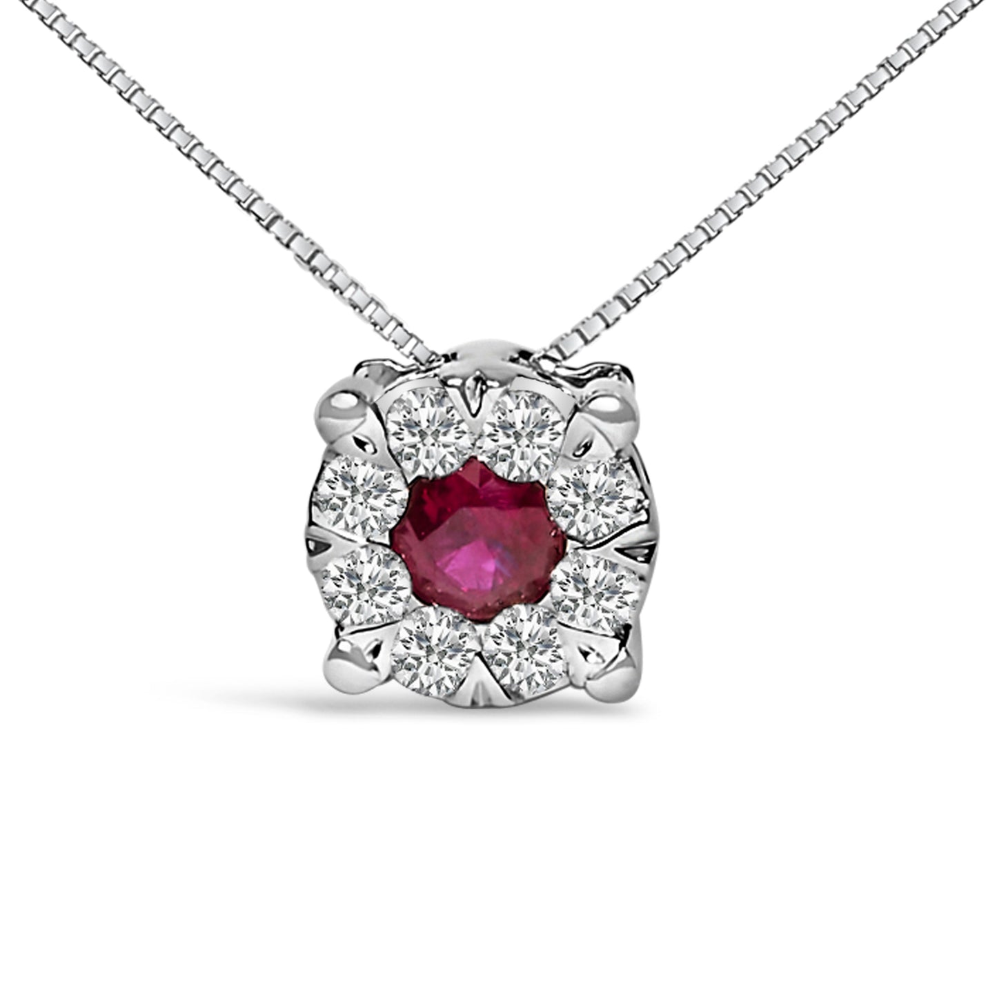 14K White Gold Ruby and Diamond Halo Pendant Necklace