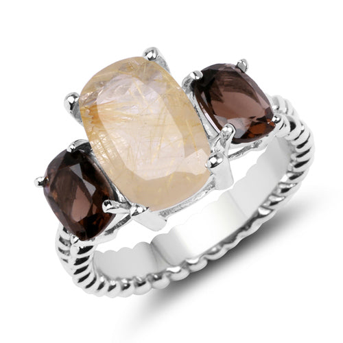 Bague en argent sterling avec rutile doré et quartz fumé de 5,75 carats