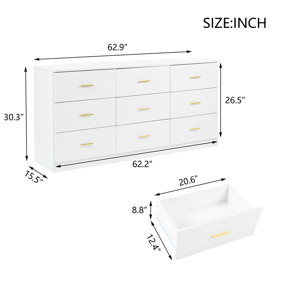 Modern White 9-Drawer Dresser for Bedroom - Ample Storage Wide Chest of Drawers, Sturdy & Safe - Korvel