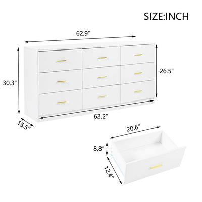 Modern White 9-Drawer Dresser for Bedroom - Ample Storage Wide Chest of Drawers, Sturdy & Safe - Korvel