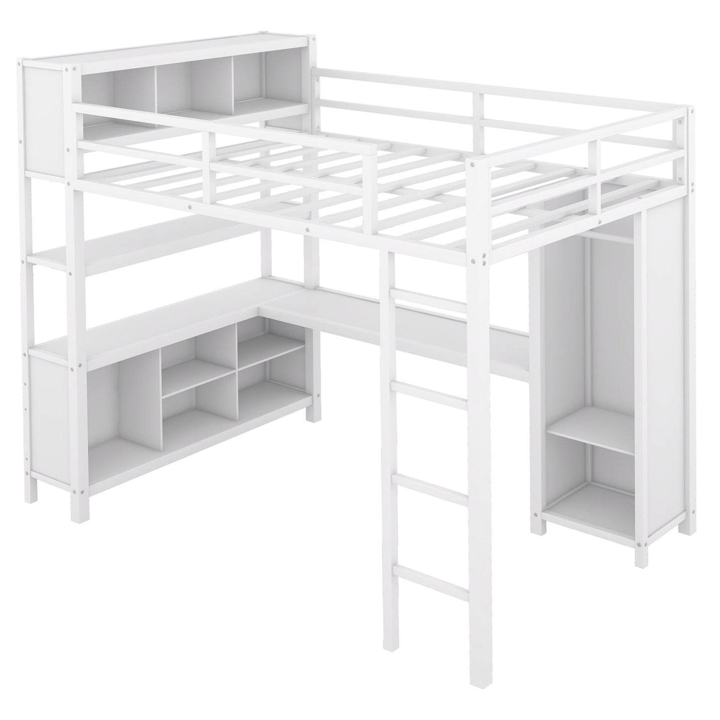 Metal loft bed with wardrobe and L-shaped desk, full-size loft bed with storage cabinet and shelf, white - Korvel
