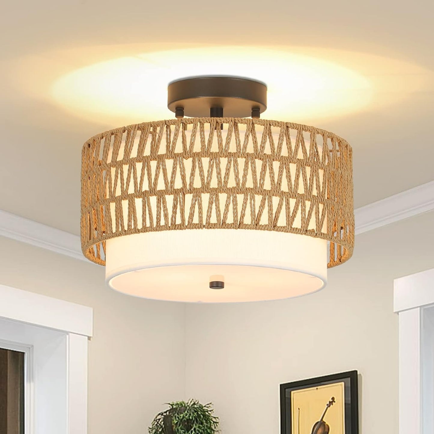 3-Light Semi Flush Mount Ceiling Light Fixture - Boho Rattan Design