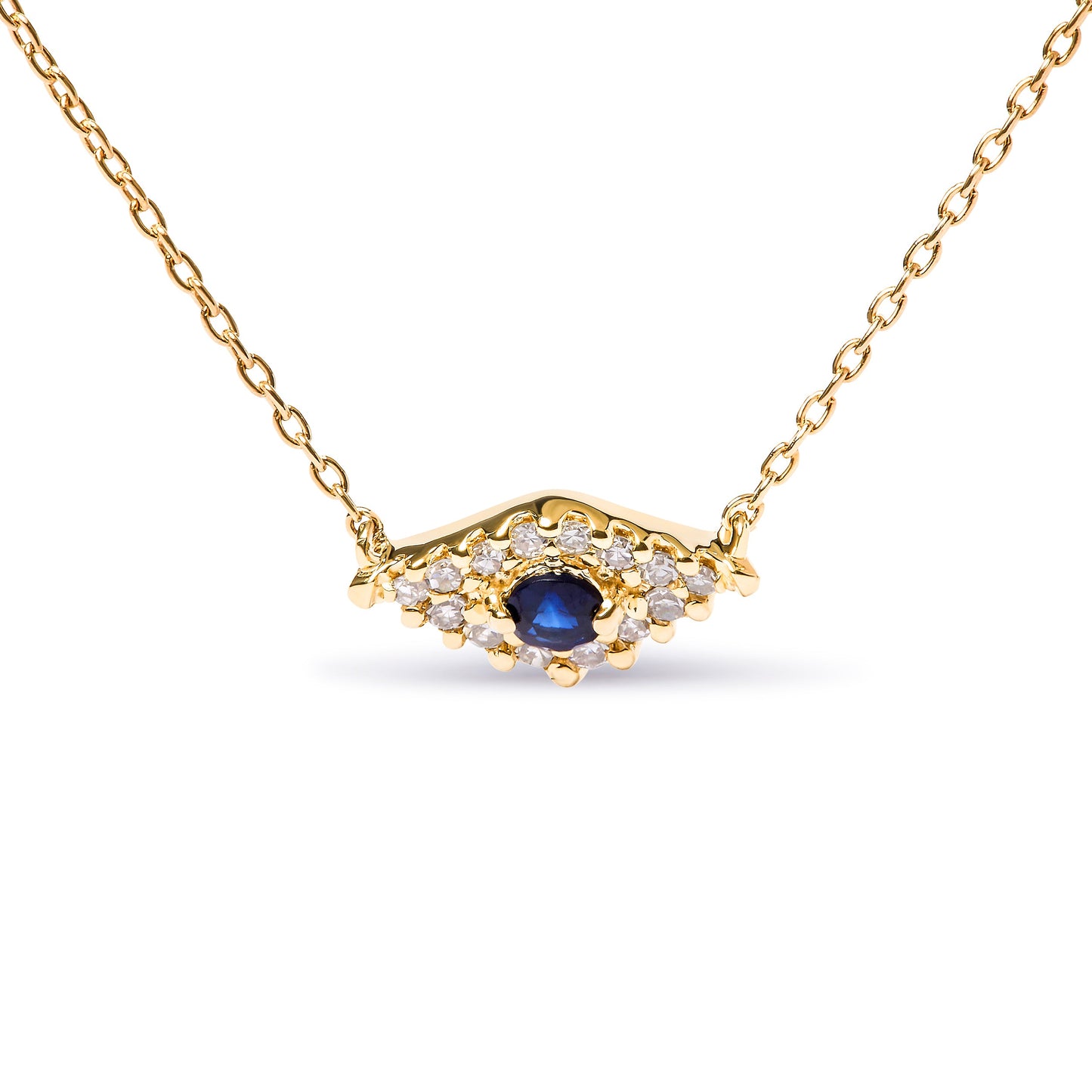 Collar con colgante de ojo malvado de zafiro azul y diamantes en oro amarillo de 10 quilates