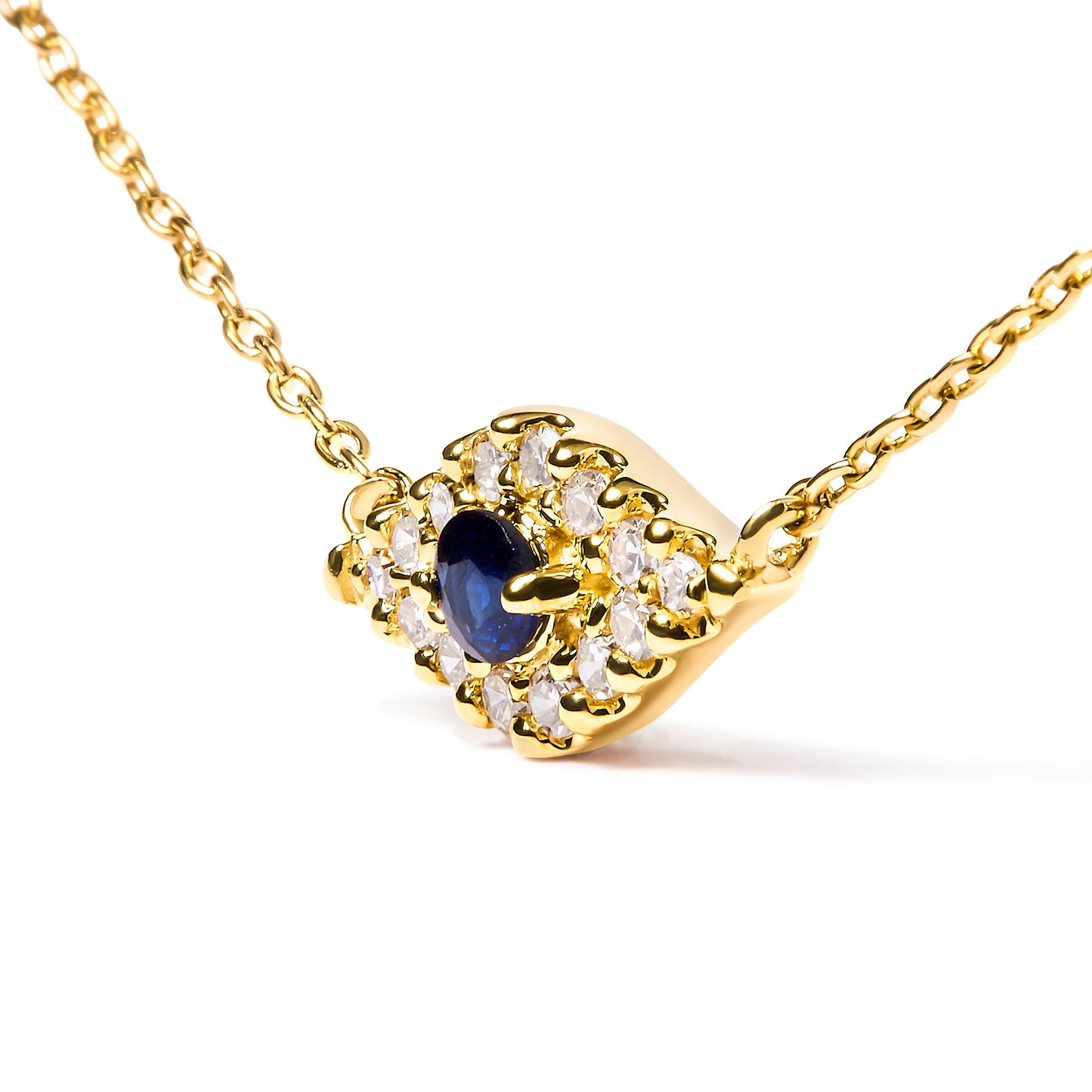 Collar con colgante de ojo malvado de zafiro azul y diamantes en oro amarillo de 10 quilates