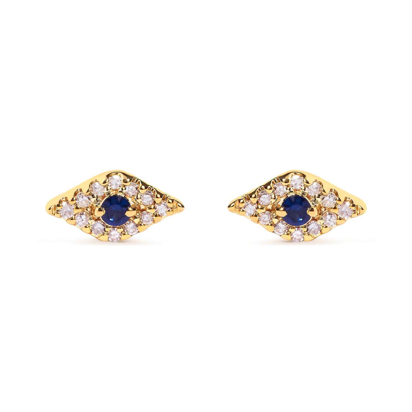Pendientes de Stud de Ojo Maligno de Zafiro Azul y Diamante en Oro Amarillo de 10K