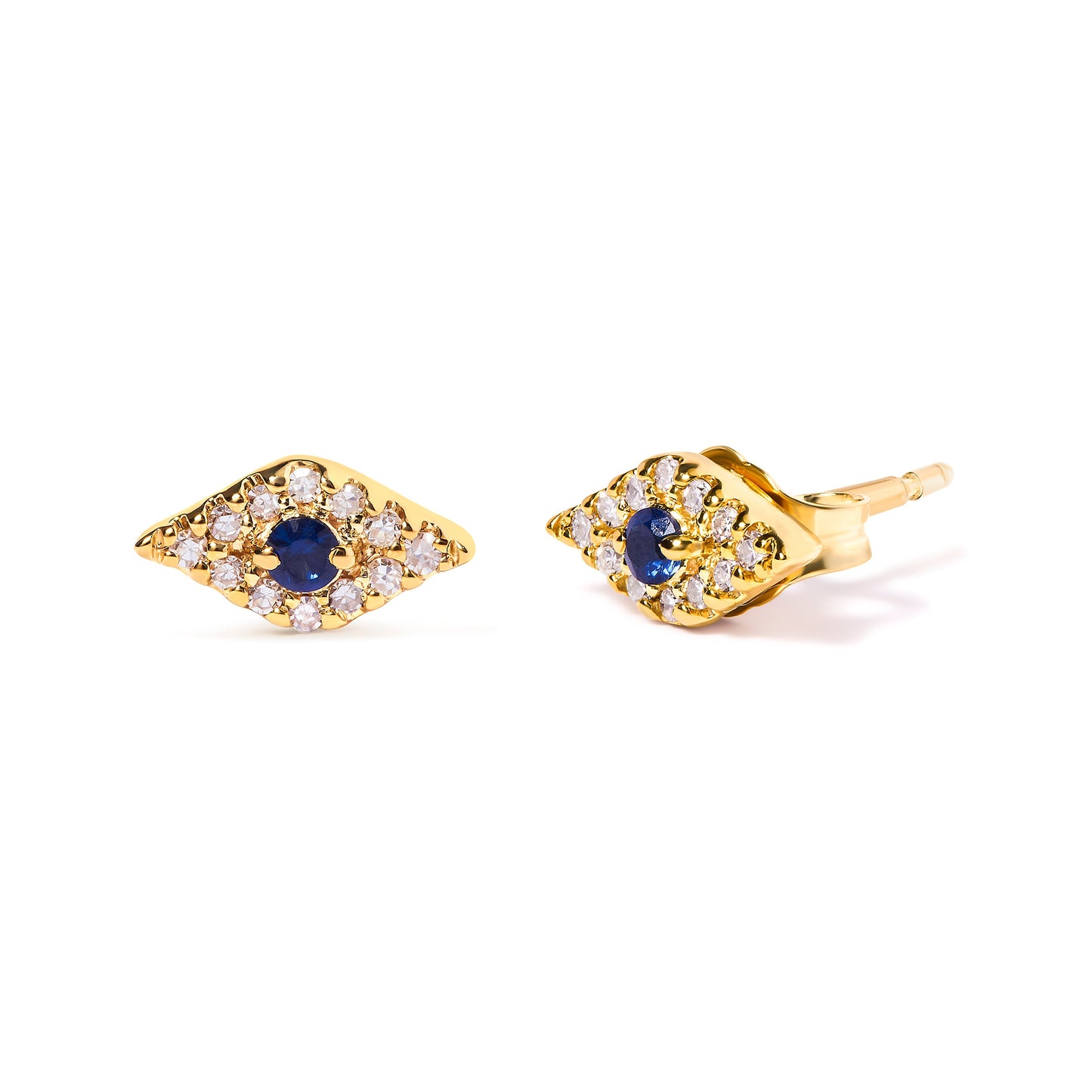 Pendientes de Stud de Ojo Maligno de Zafiro Azul y Diamante en Oro Amarillo de 10K