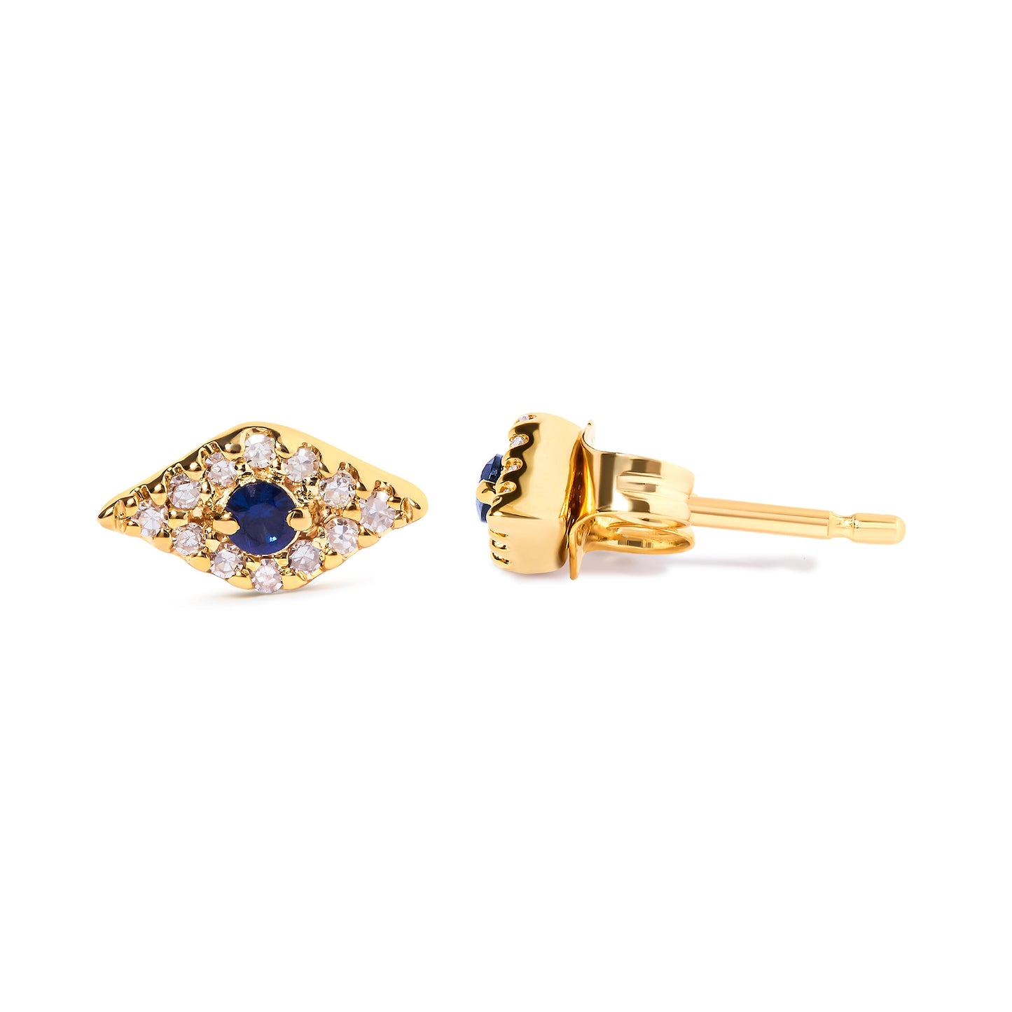 Pendientes de Stud de Ojo Maligno de Zafiro Azul y Diamante en Oro Amarillo de 10K