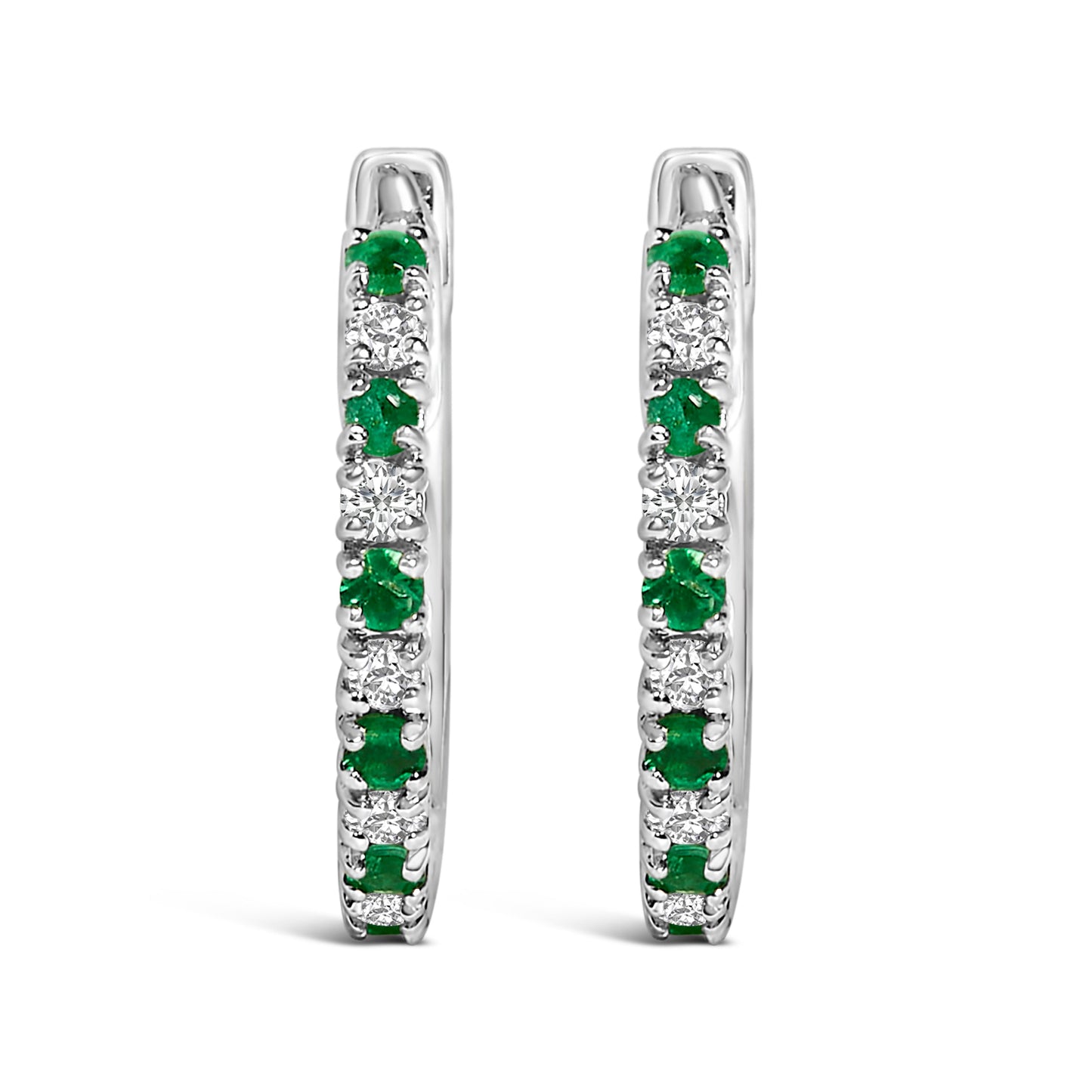 Boucles d'oreilles créoles en or blanc 10K avec émeraudes et diamants