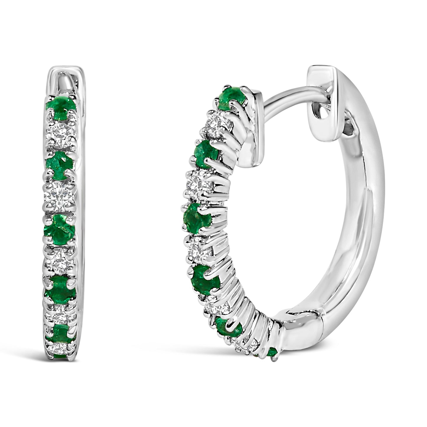 Boucles d'oreilles créoles en or blanc 10K avec émeraudes et diamants