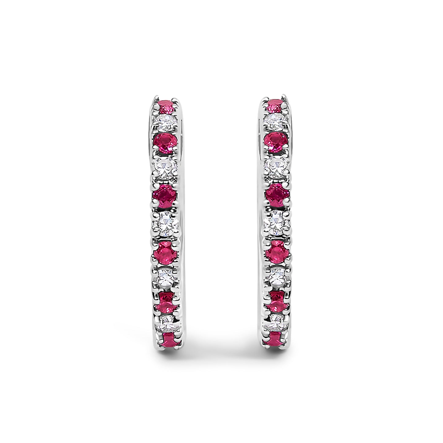 10K White Gold Diamond & Ruby Huggy Hoop Earrings