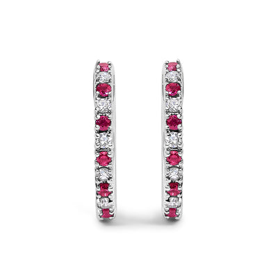 10K White Gold Diamond & Ruby Huggy Hoop Earrings