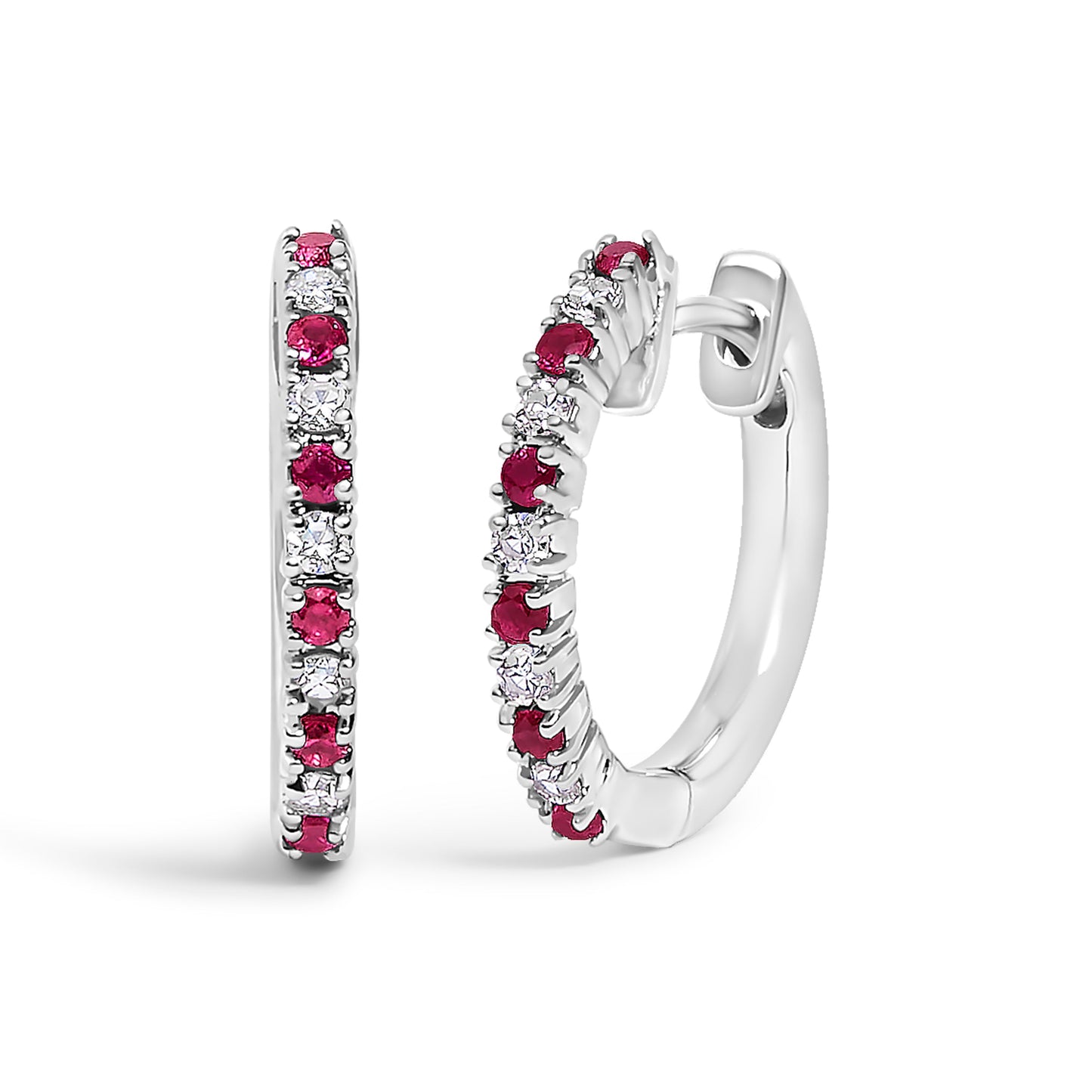 10K White Gold Diamond & Ruby Huggy Hoop Earrings