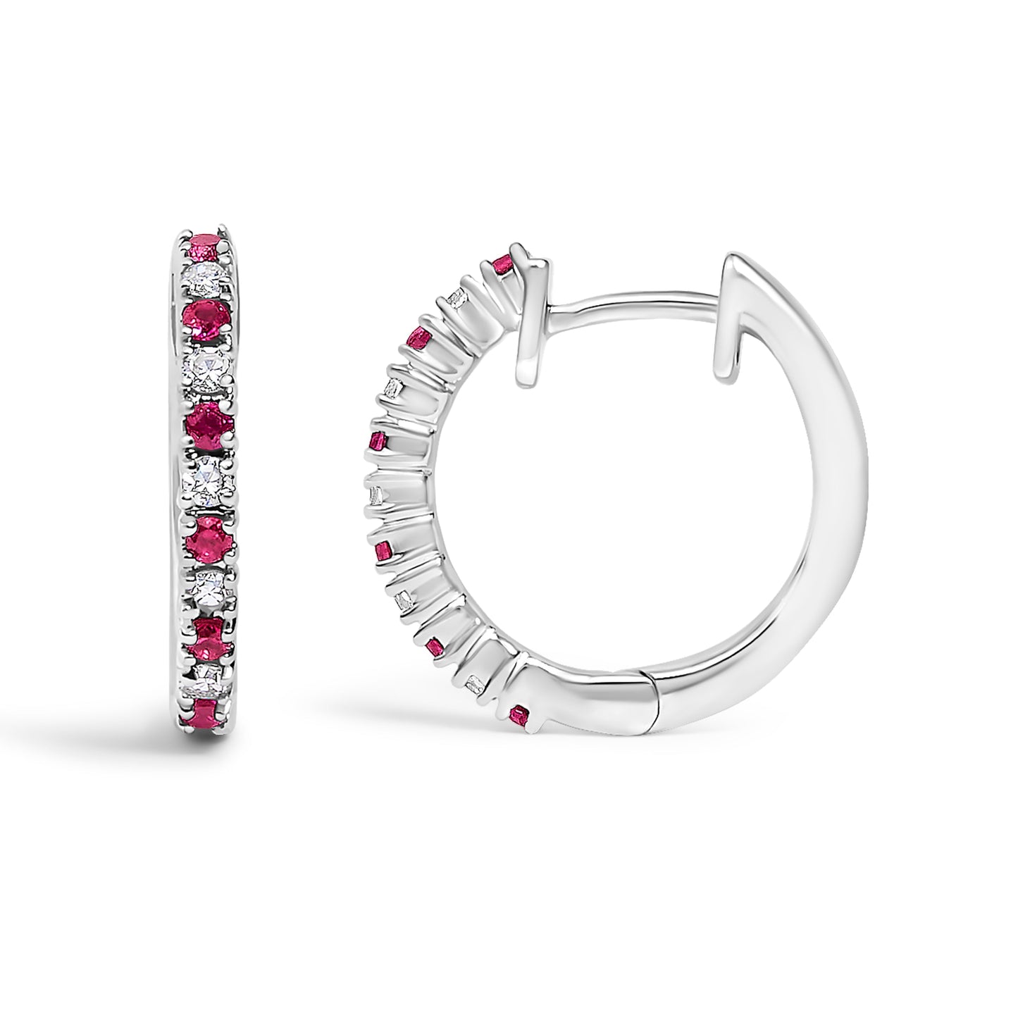 10K White Gold Diamond & Ruby Huggy Hoop Earrings