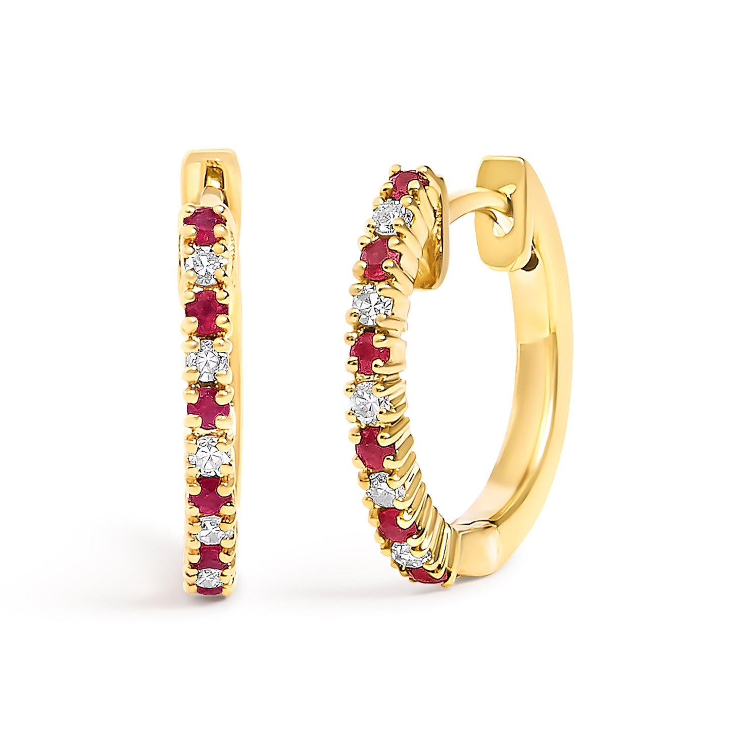 10K White Gold Diamond & Ruby Huggy Hoop Earrings
