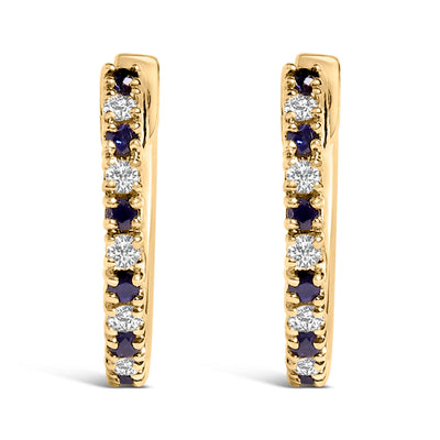 10K Yellow Gold Blue Sapphire & Diamond Huggy Hoop Earrings