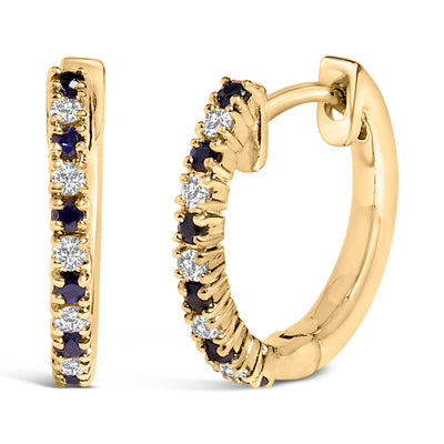 10K Yellow Gold Blue Sapphire & Diamond Huggy Hoop Earrings