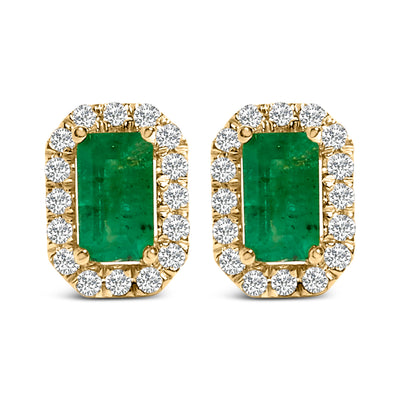 14K Yellow Gold Emerald and Diamond Halo Octagonal Stud Earrings