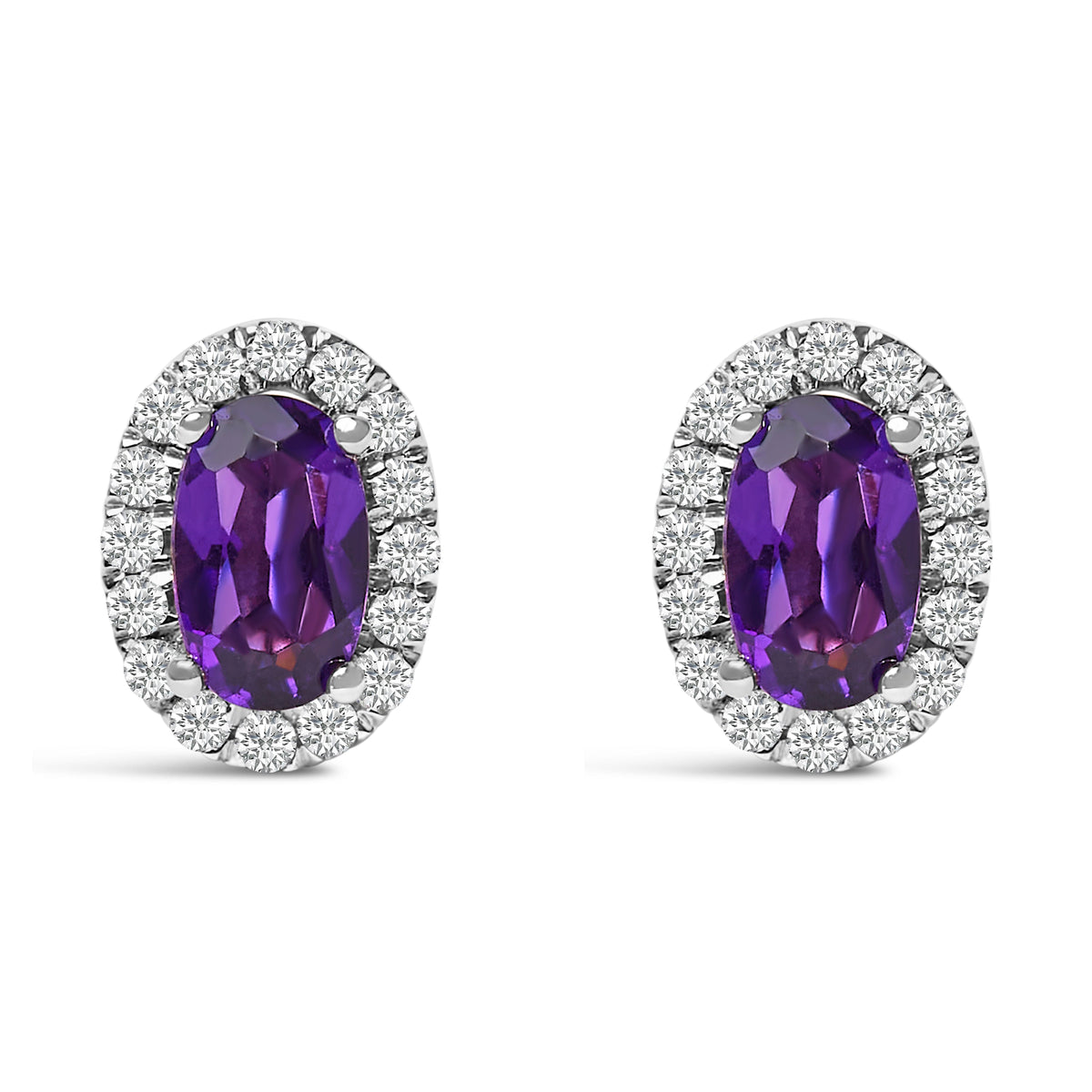 10K White Gold Oval Purple Amethyst & Diamond Halo Stud Earrings