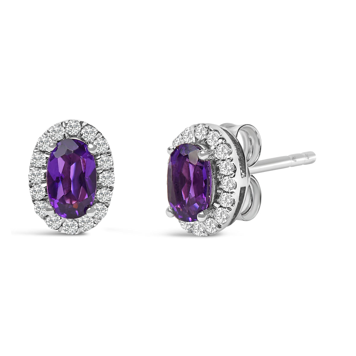 10K White Gold Oval Purple Amethyst & Diamond Halo Stud Earrings