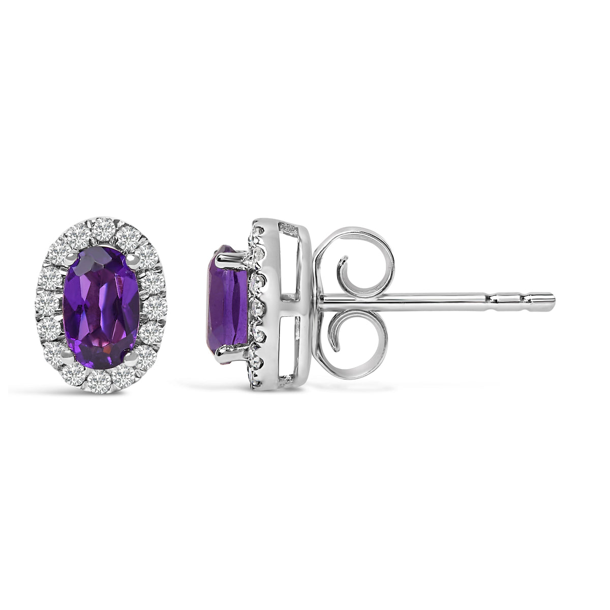 10K White Gold Oval Purple Amethyst & Diamond Halo Stud Earrings