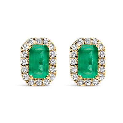 10K Yellow Gold Emerald-Cut Green Emerald & Diamond Halo Stud Earrings