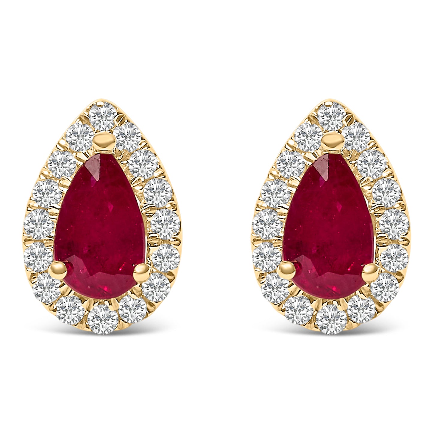 Pendientes de Stud Halo de Rubí y Diamante en Oro Amarillo de 10K