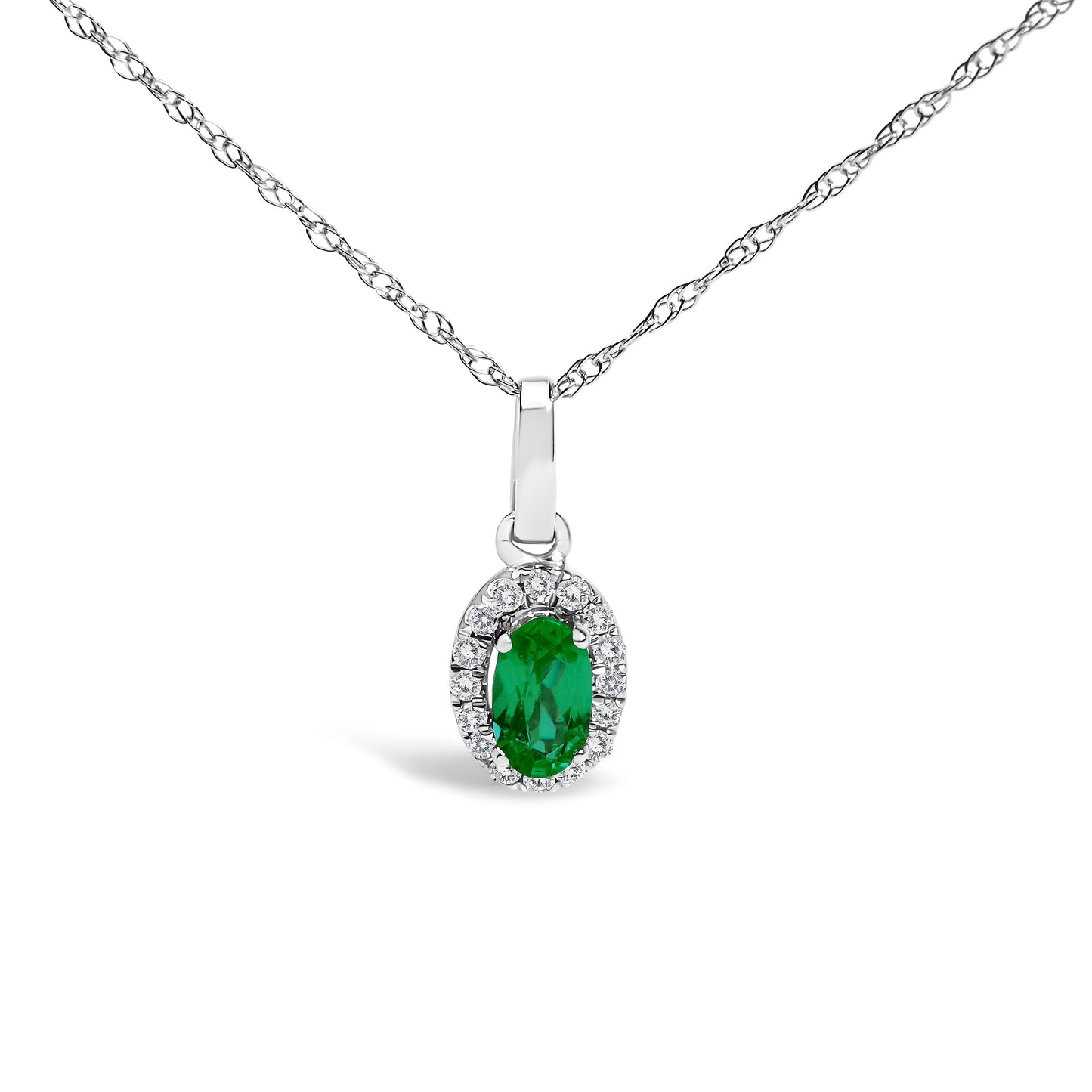 Pendentif en Émeraude et Diamant Halo en Or Blanc 10K