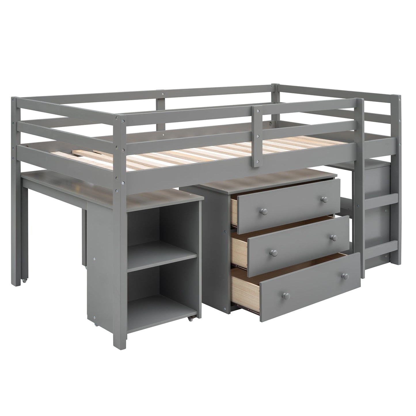 Low Study Twin Loft Bed with Cabinet and Rolling Portable Desk - Gray (OLD SKU :LP000113AAE) - Korvel
