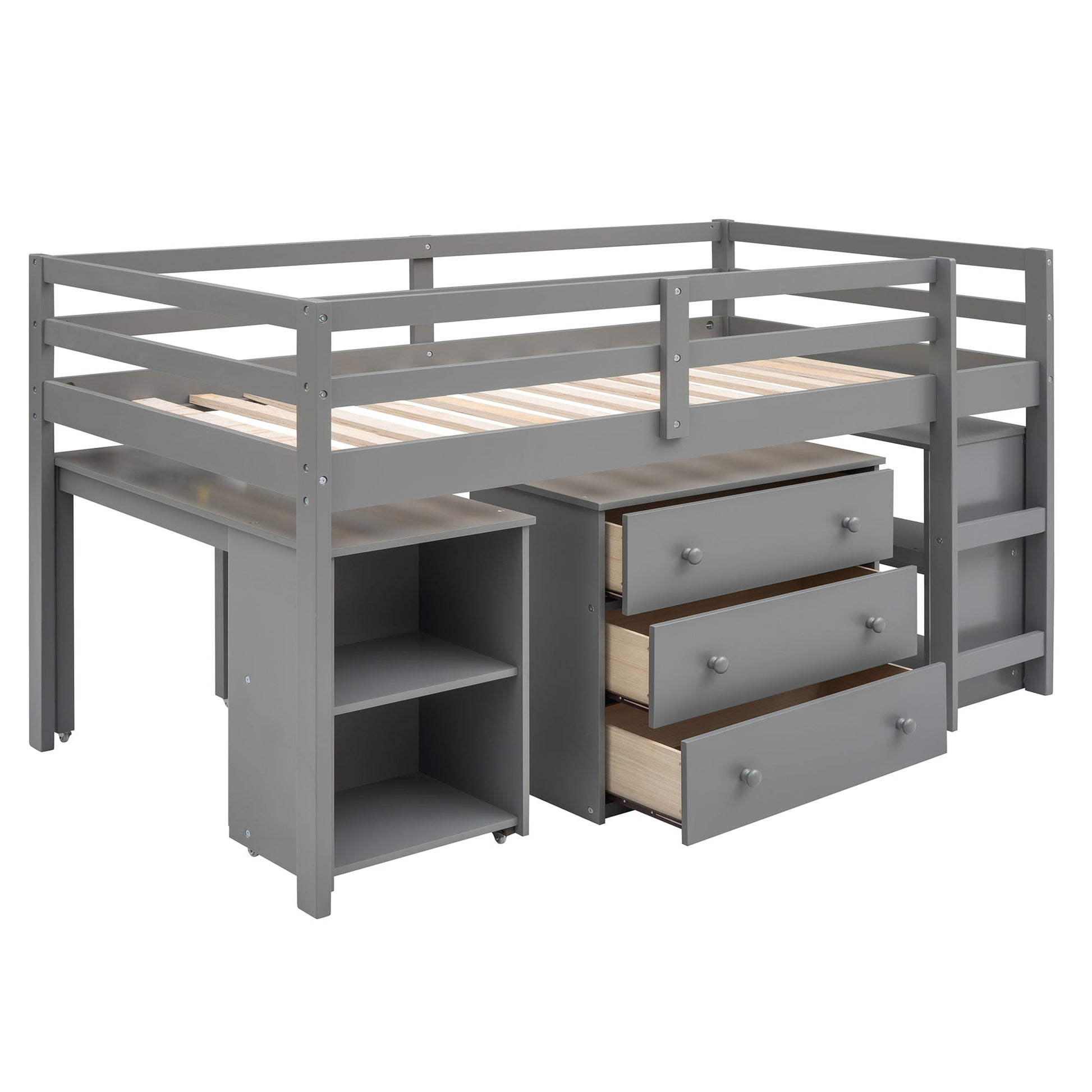 Low Study Twin Loft Bed with Cabinet and Rolling Portable Desk - Gray (OLD SKU :LP000113AAE) - Korvel