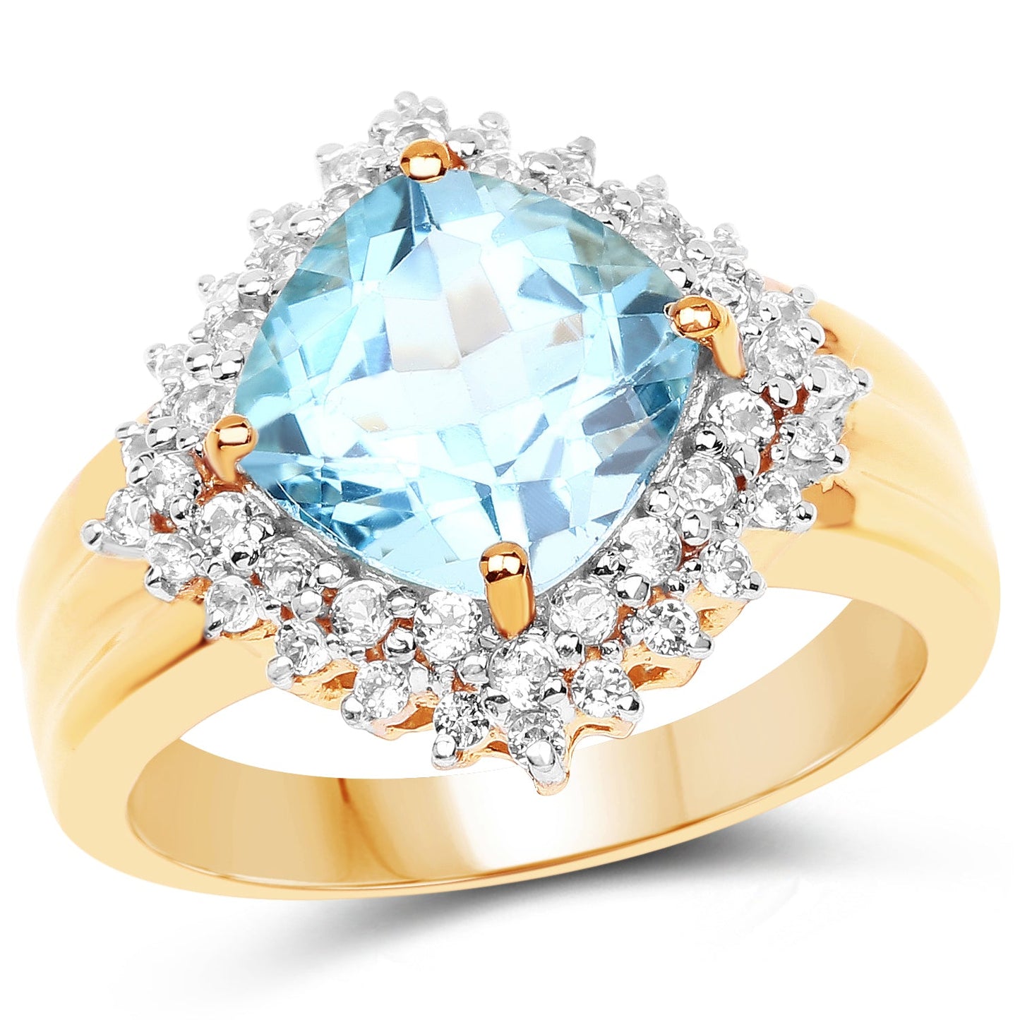 Anillo de Topacio Suizo Azul y Topacio Blanco Bañado en Oro Amarillo de 14K