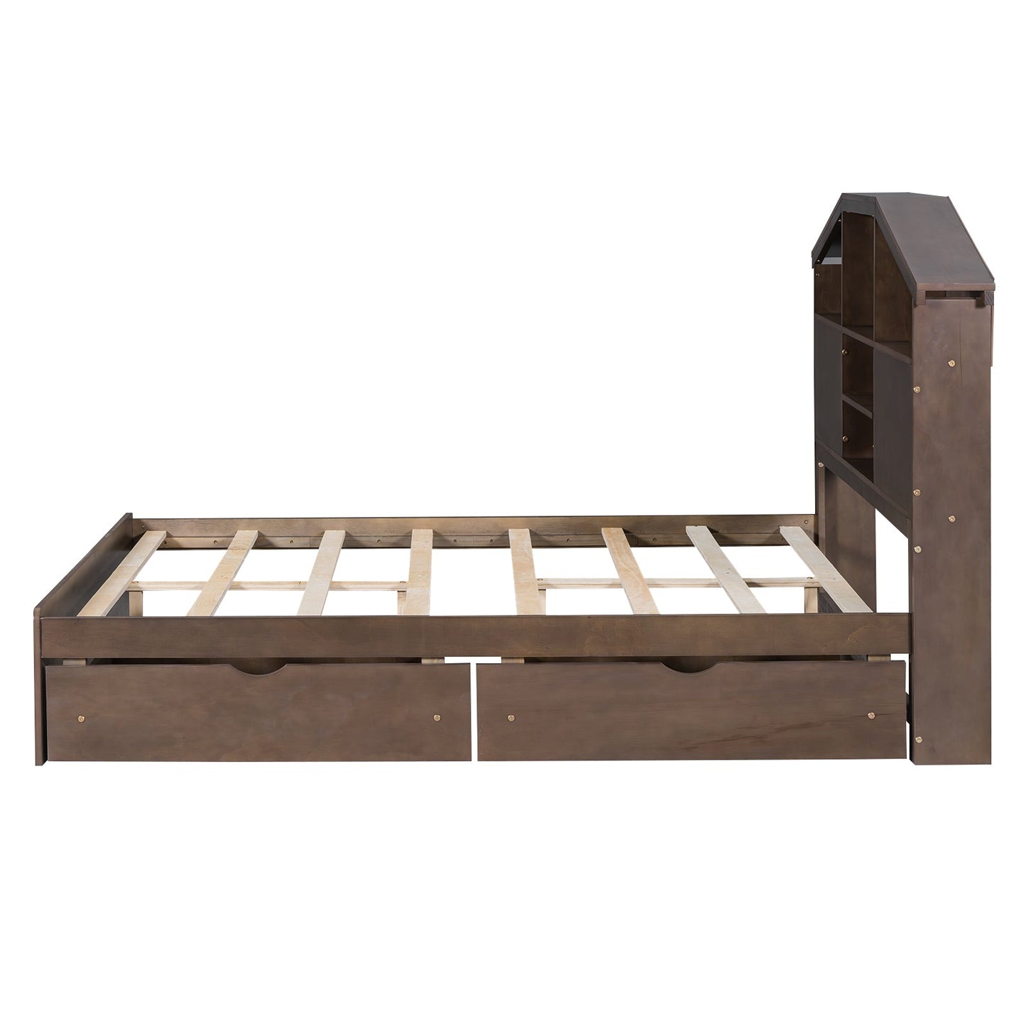 Cama Plataforma de Madera de Nogal de Tamaño Completo con Cabecera de Almacenamiento