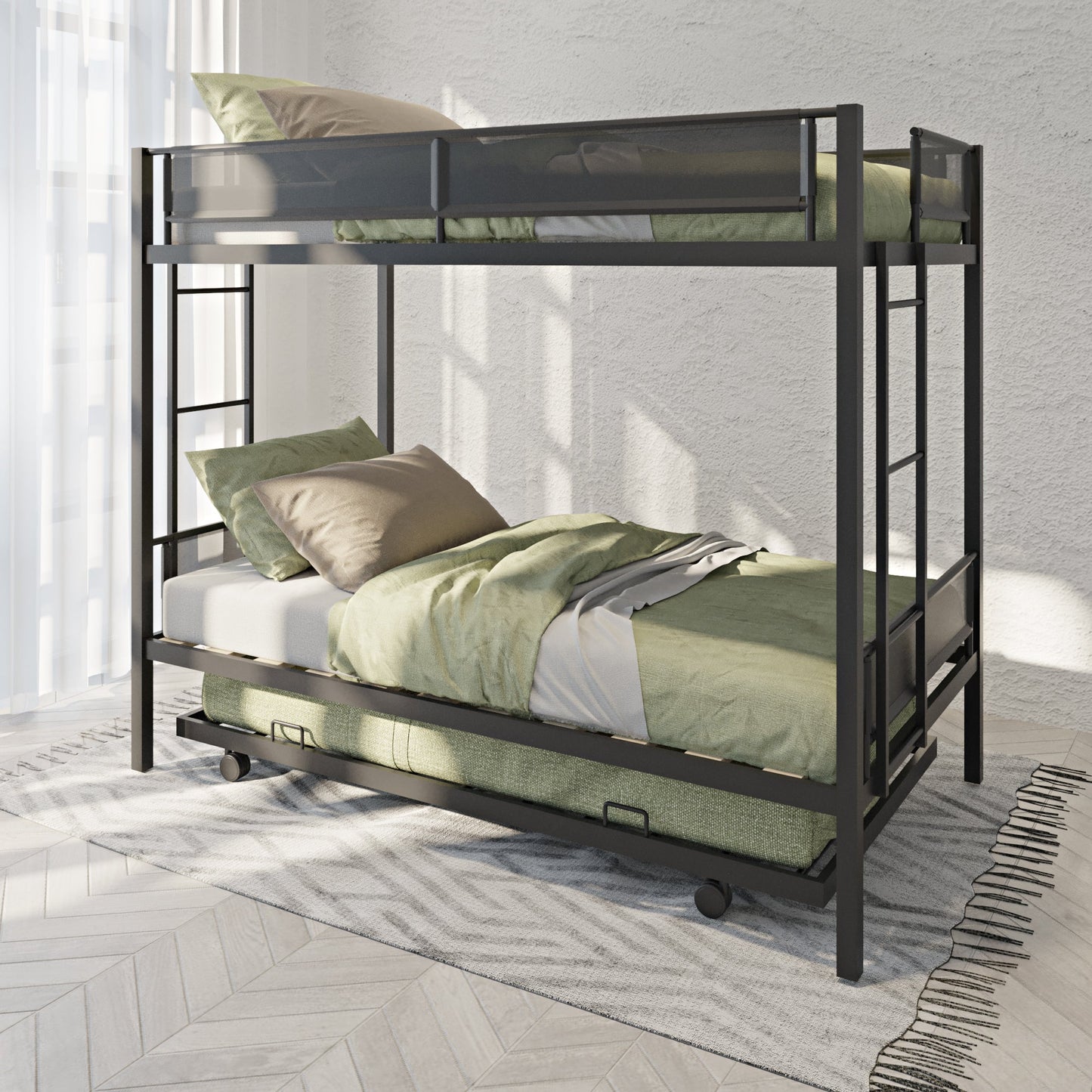 Metal double bed with casters/sturdy frame/no noise/comfortable guardrail/2 side ladders/no need for spring box - Korvel