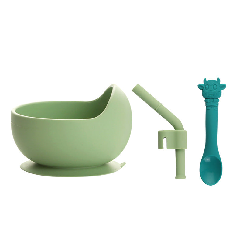 Children's Full Silicone Bowl Sucker Learning To Eat Training Meal Bowl Adsorption Baby Spoon Fork Meal Set Kindergarten Bowl Plate - Korvel