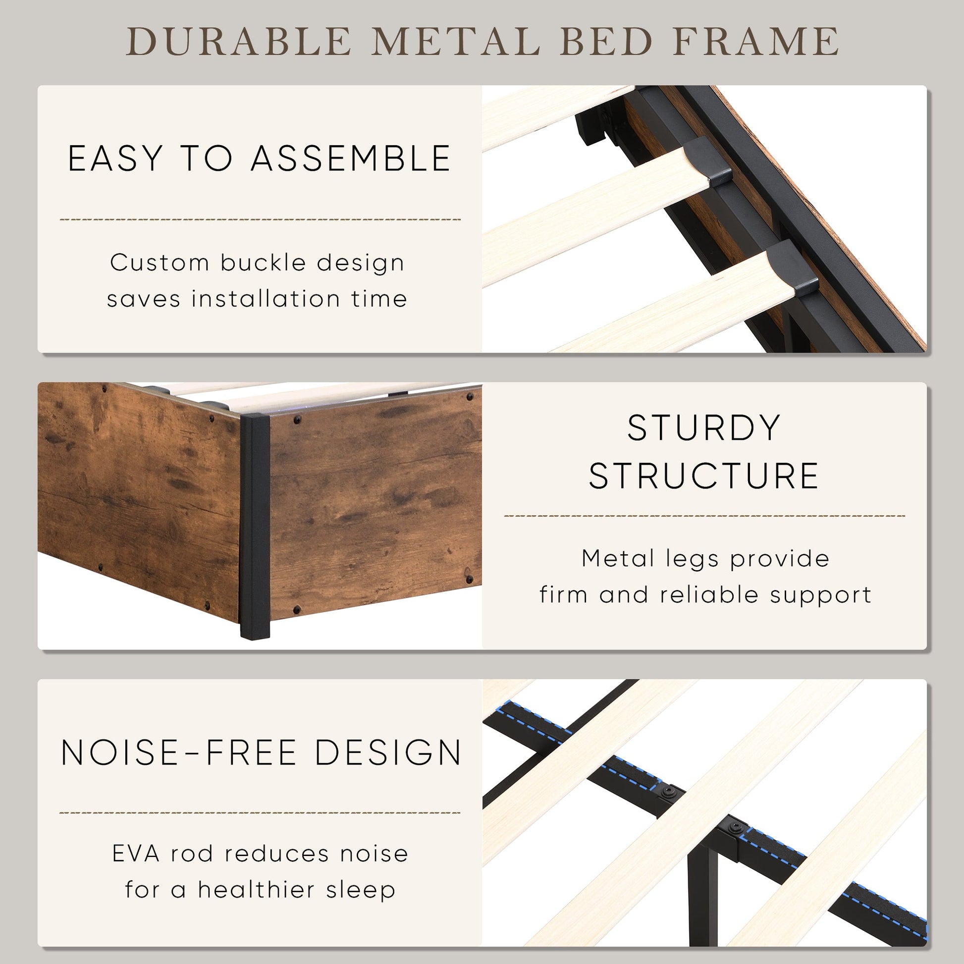 Elevating storage bed frame, full-size bed frame with bookshelf headboard and LED lights, with country brown color - Korvel