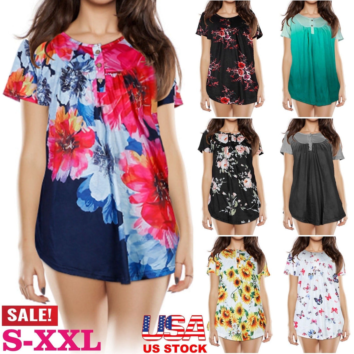 Floral Printed Loose Short Sleeve Blouse for Women