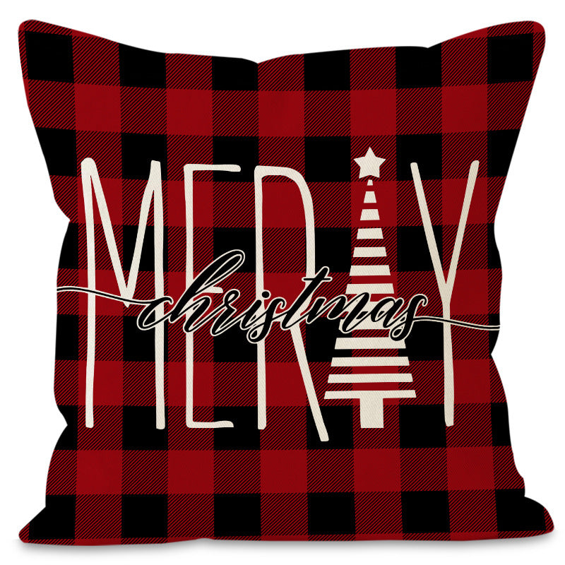 Christmas Pillowcase Linen Red Black Checkered Letter Printed Pillow Cover Holiday Living Room Decoration - Korvel