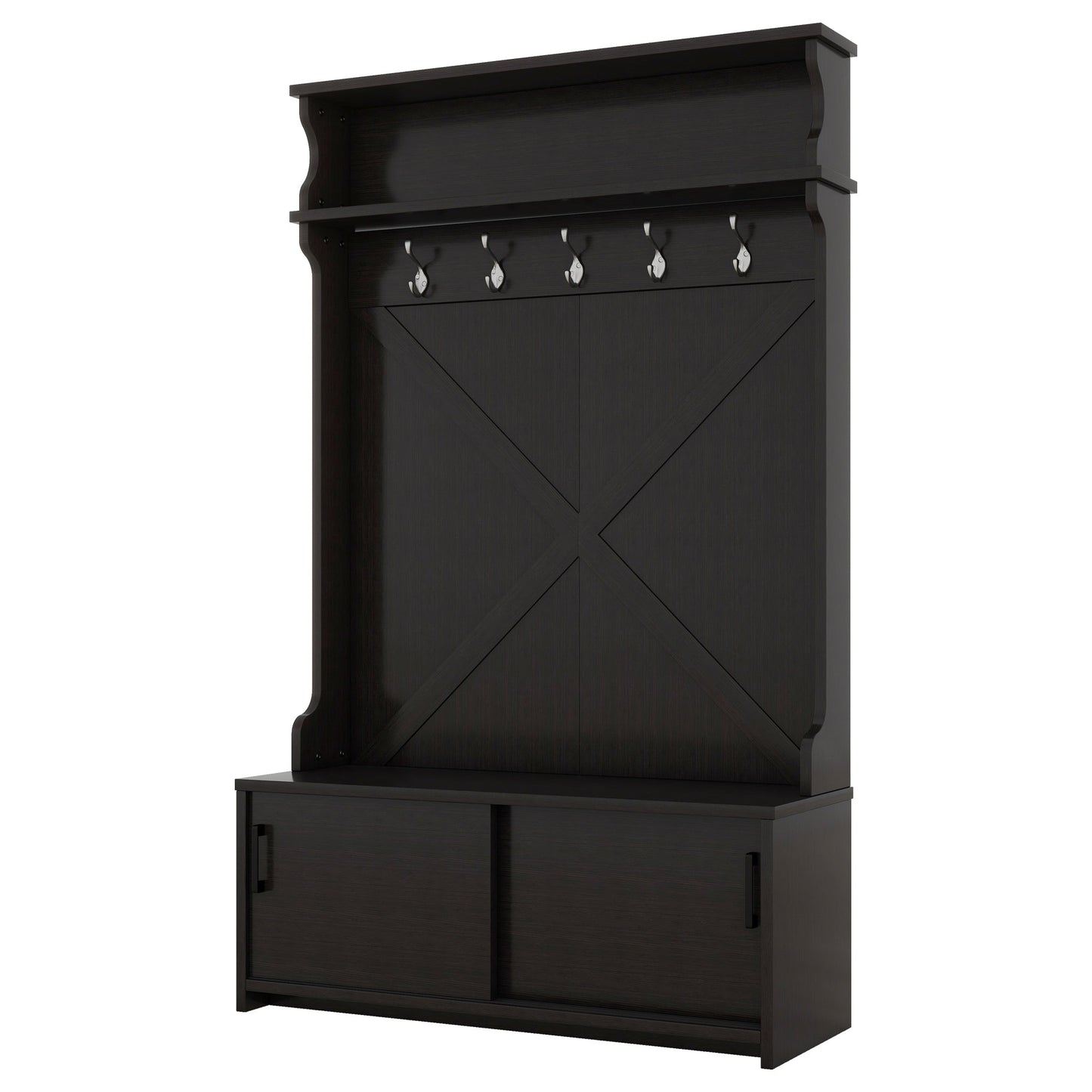 Hall tree with roof rack and storage platform, corridor shoe cabinet with sliding door, clothes hanger with 5 hooks black - Korvel