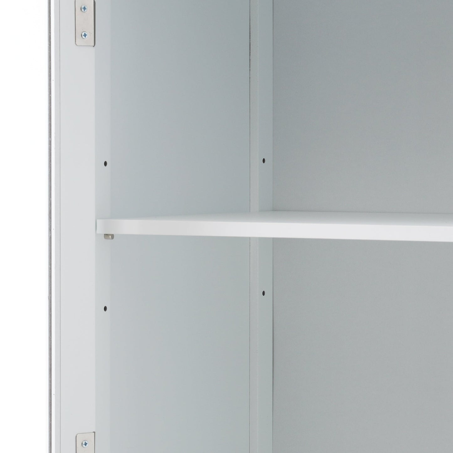 High bathroom storage cabinet with glass door, freestanding, two drawers and adjustable shelves, MDF board, painted white - Korvel