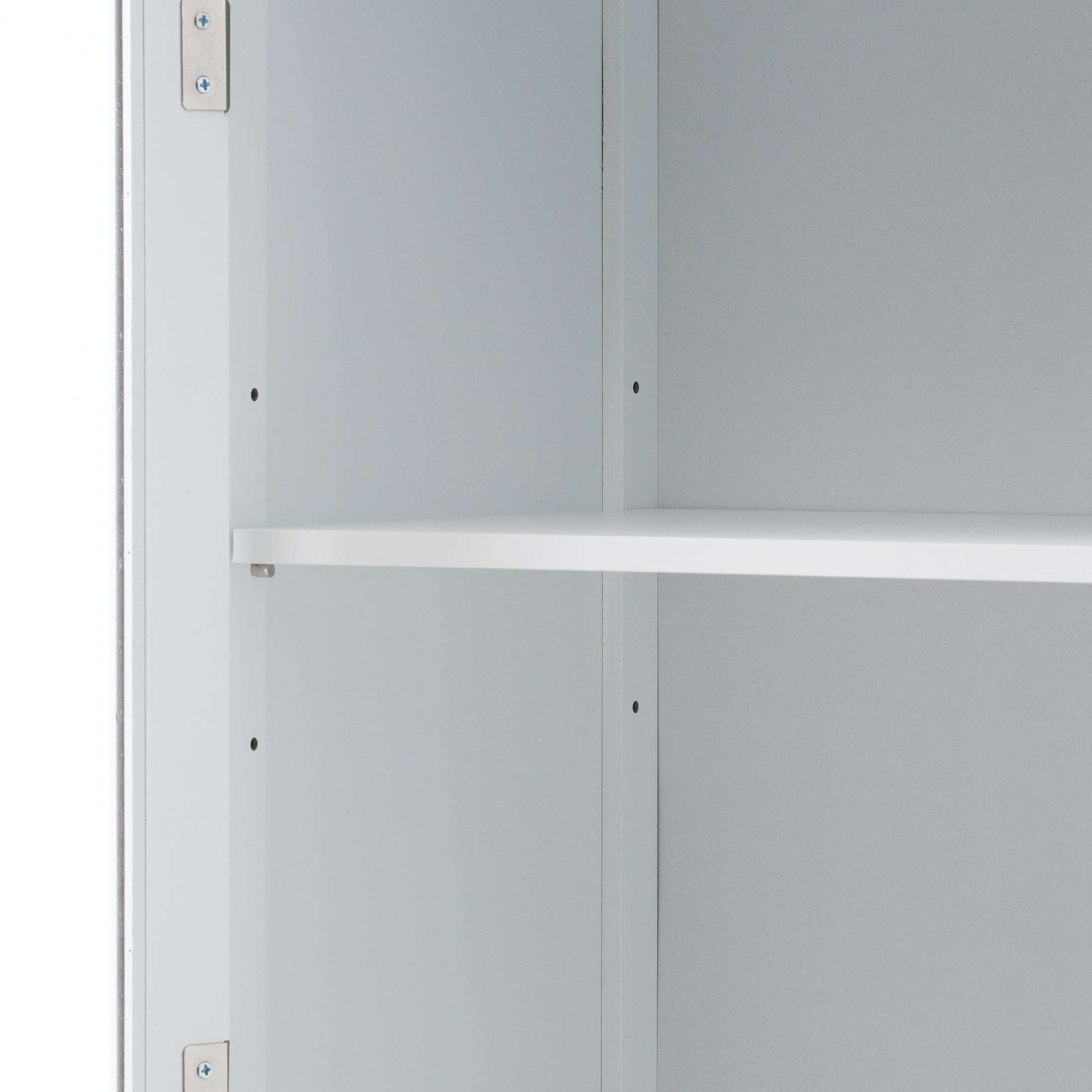 High bathroom storage cabinet with glass door, freestanding, two drawers and adjustable shelves, MDF board, painted white - Korvel
