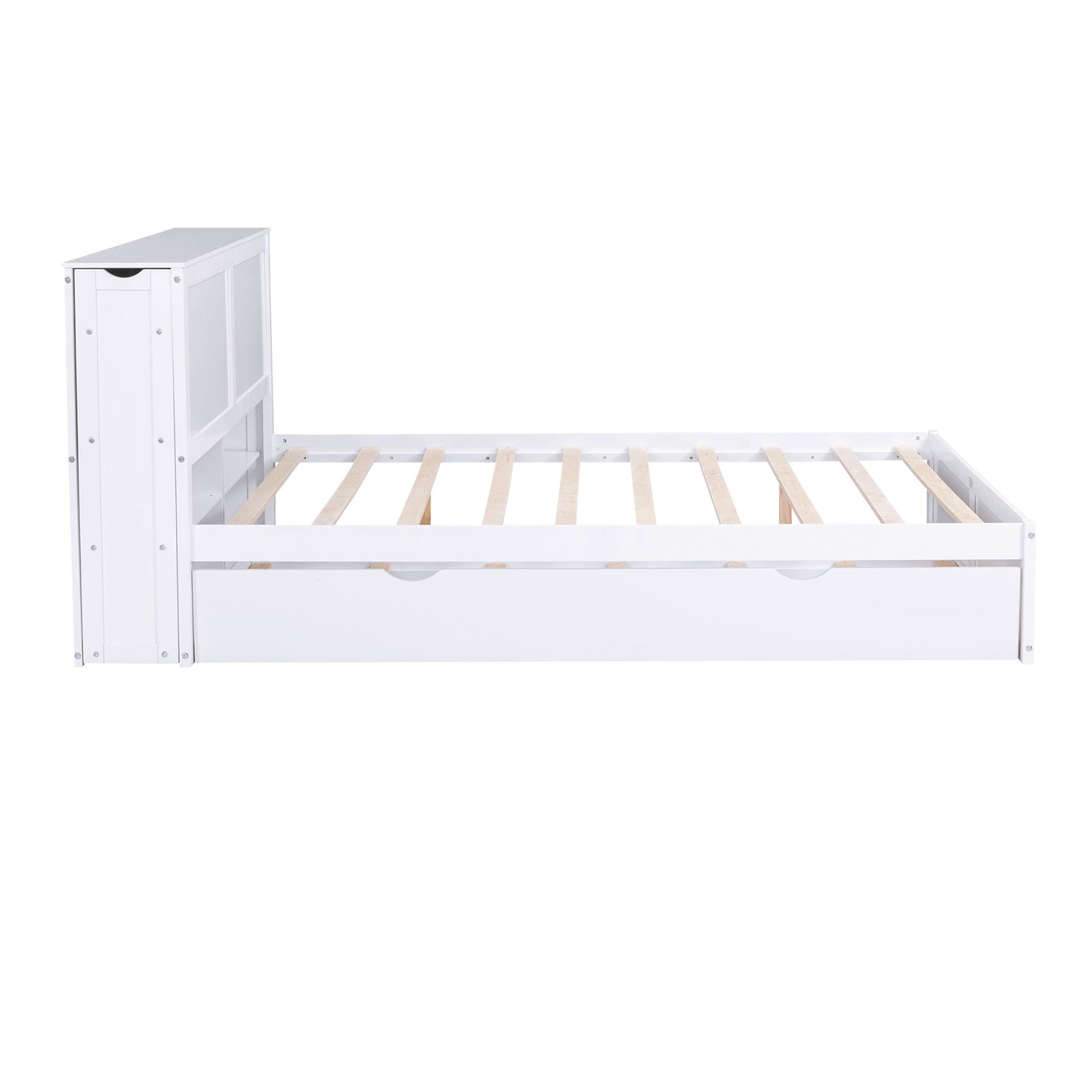 Queen Size Storage Platform Bed with Pull Out Shelves and Twin XL Size Trundle  White - Korvel