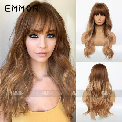 Natural Long Curly Hair Wig with Bangs - Black Brown