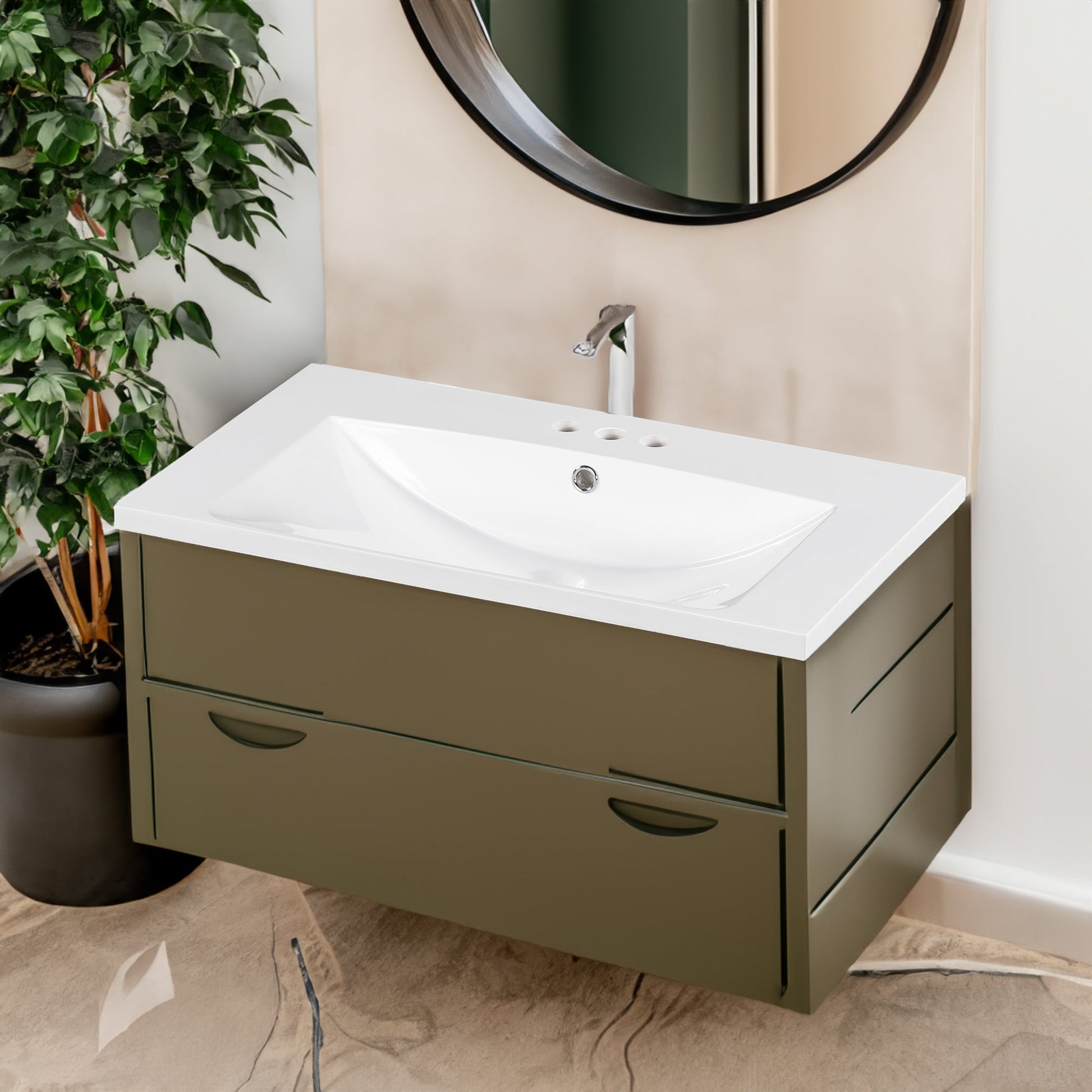 30" Single Bathroom Basin Sink, Vanity Top Only, 3-Faucet Holes, Resin - Korvel