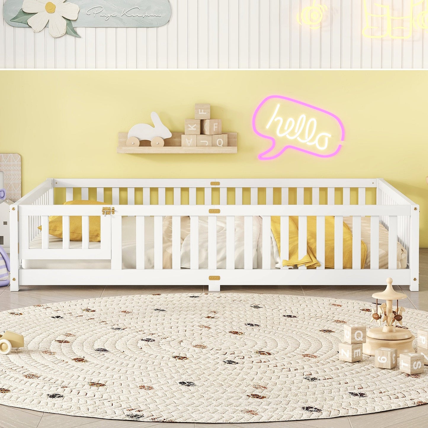 Queen Size Bed Floor Bed with Safety Guardrails and Door for Kids, White - Korvel