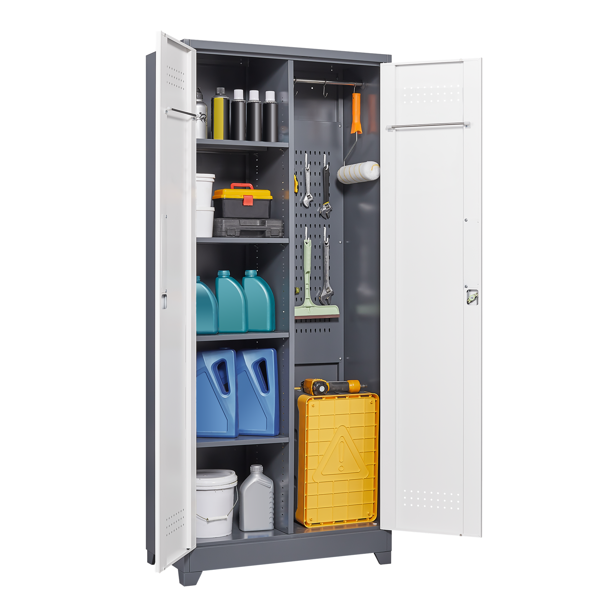 Metal storage cabinets, lockable cleaning tool cabinets, high broom tool organizers, and large storage cabinets in storage store - Korvel