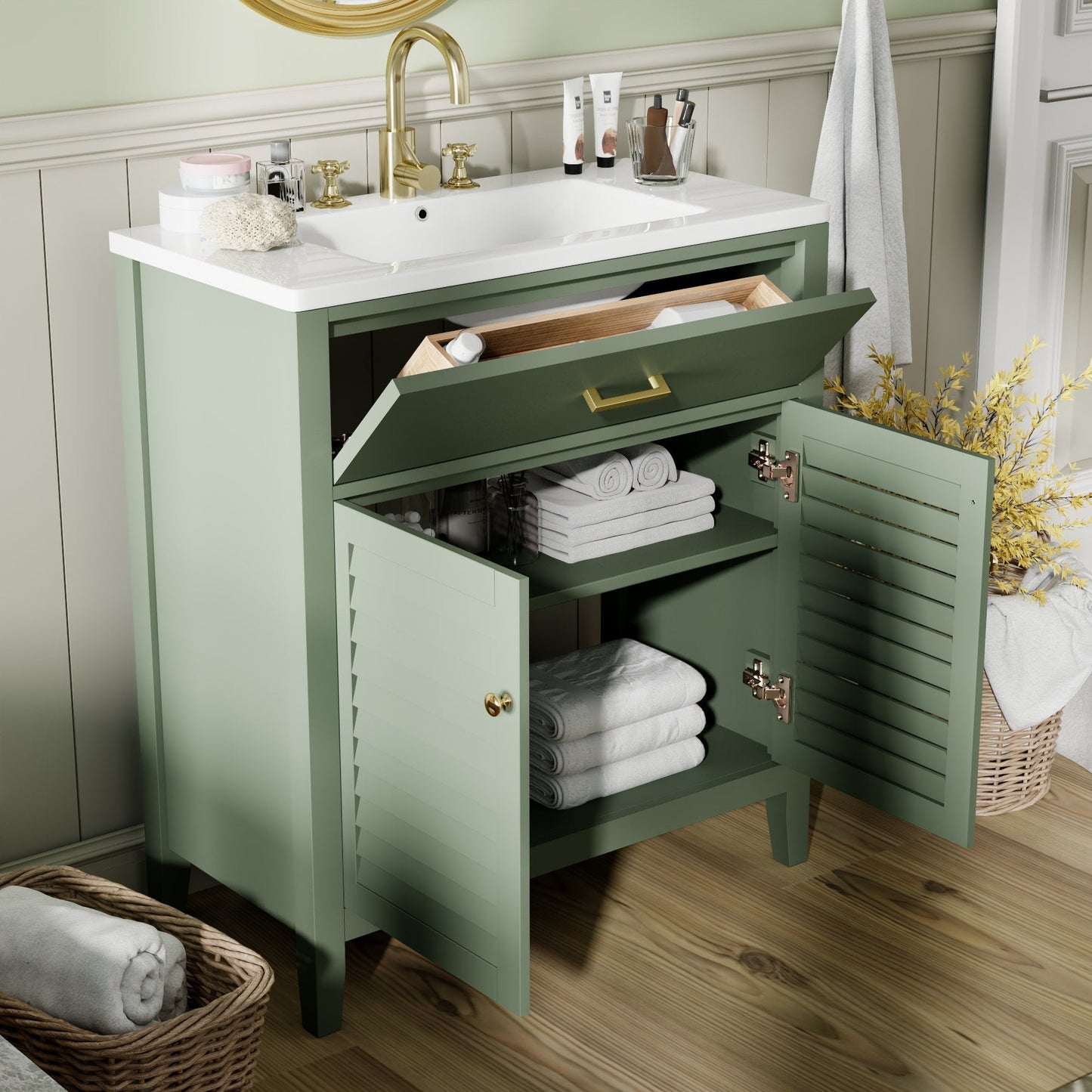 30-Inch Bathroom Vanity with Ceramic Sink Combination, Ample Storage - Features 1 Pullout and Multifunctional Shelf Dividers - Korvel