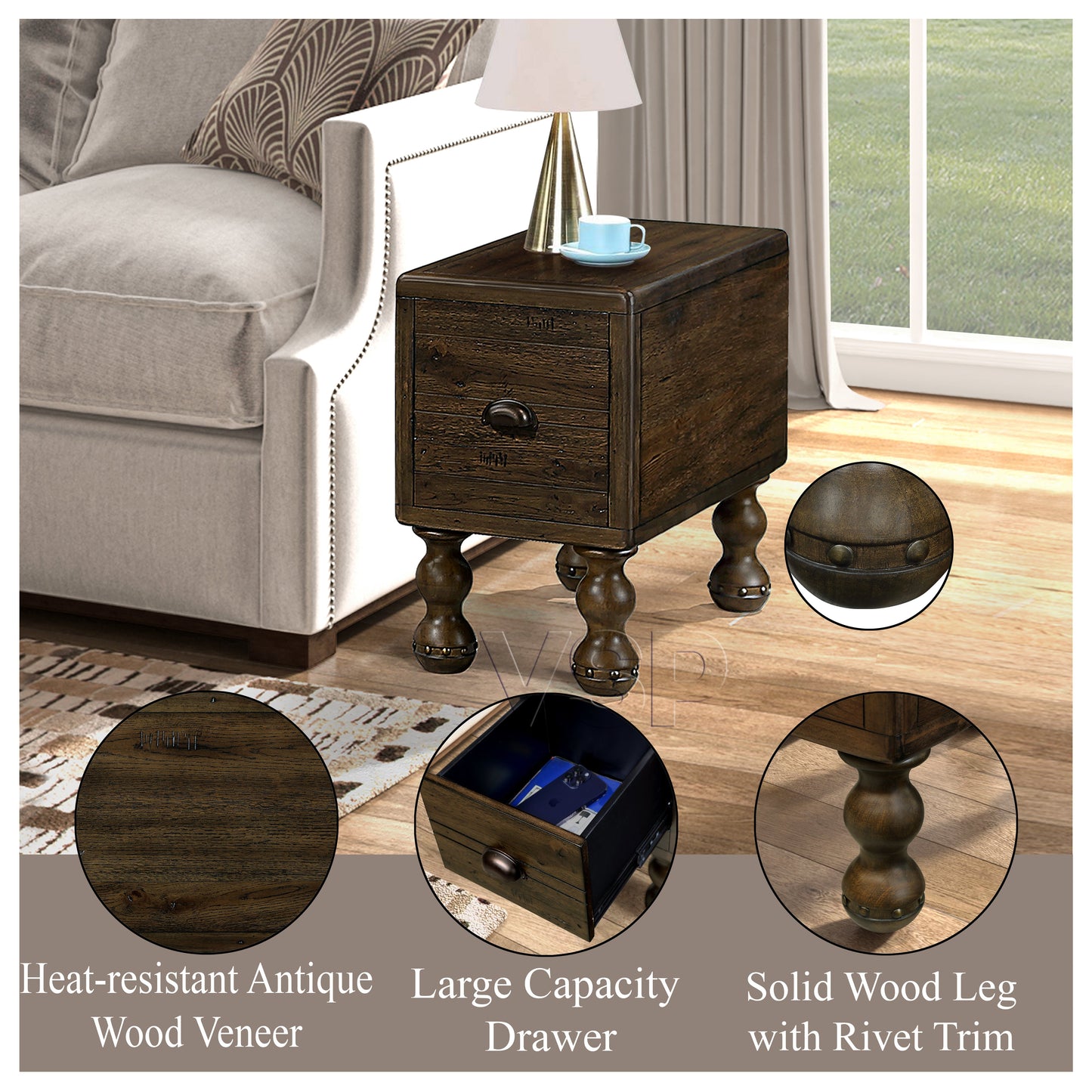 Solid wood end table, rectangular 23.6 inch narrow edge table with drawers, vintage bedside table, Espresso - Korvel