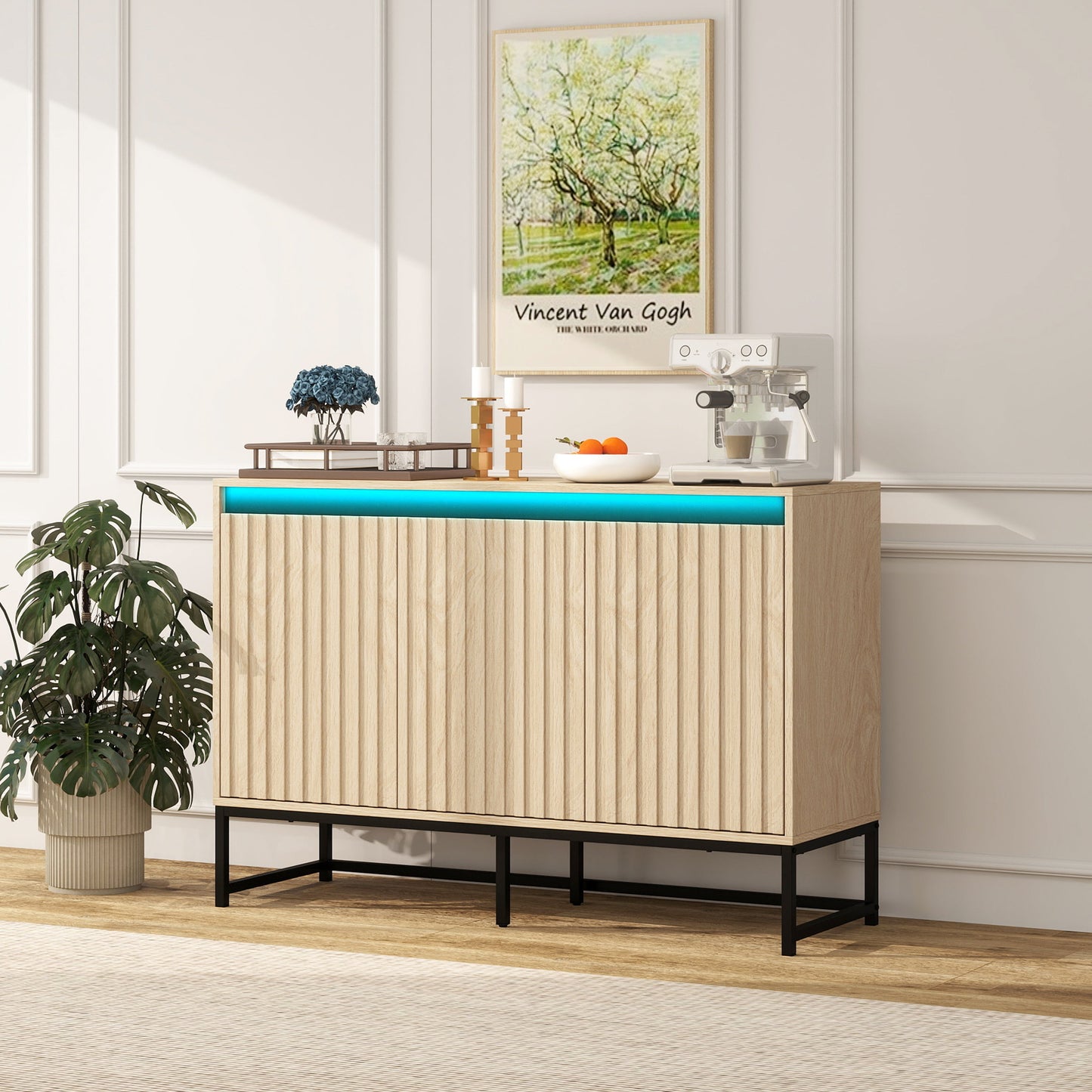Engraved 3-door side panel with LED, self-service cabinet storage cabinet, modern coffee bar cabinet with adjustable shelf - Korvel