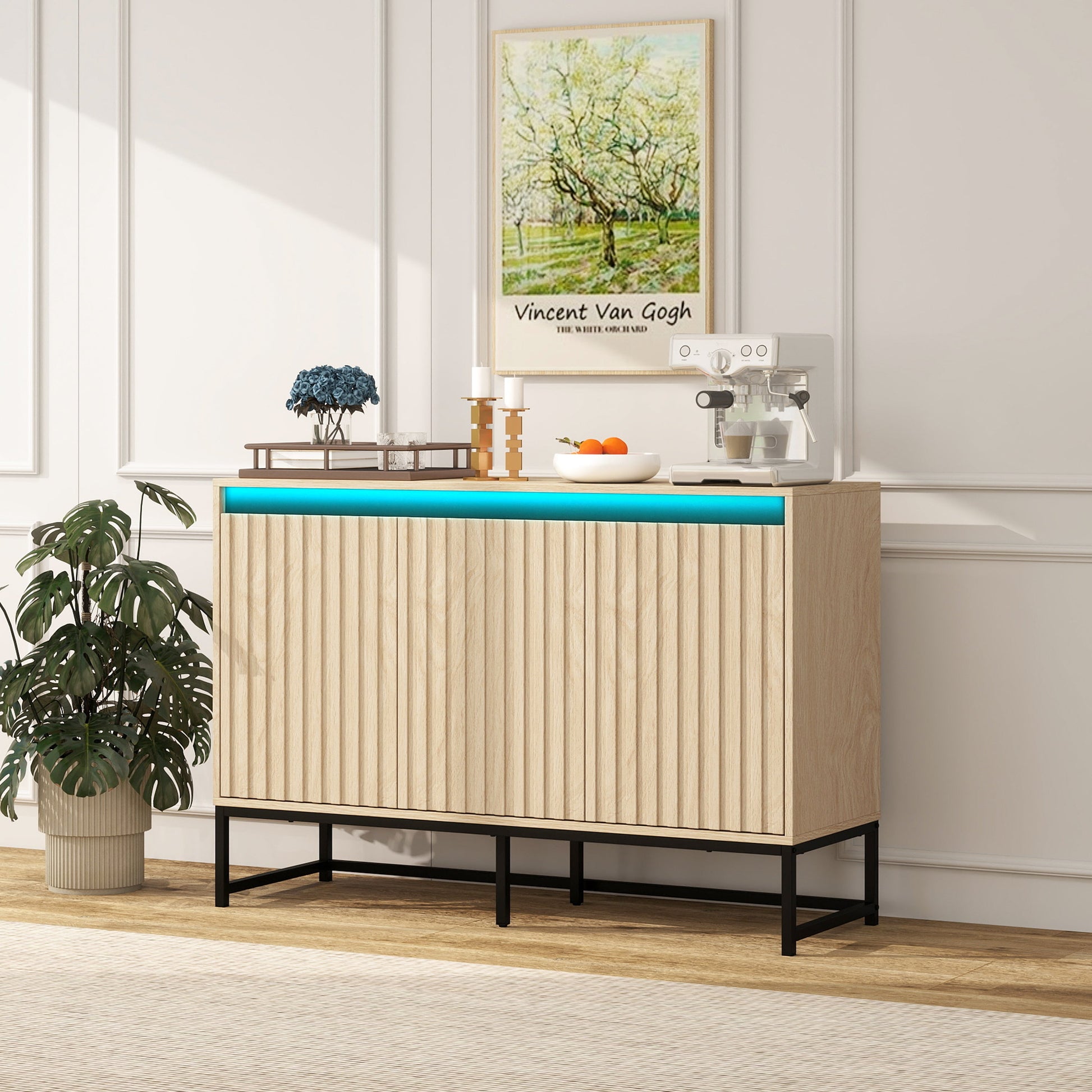 Engraved 3-door side panel with LED, self-service cabinet storage cabinet, modern coffee bar cabinet with adjustable shelf - Korvel