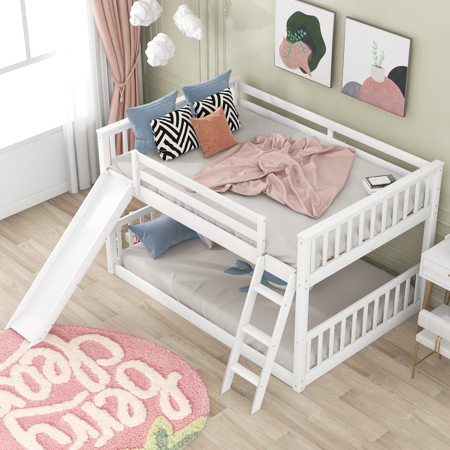 Full over Full Bunk Bed with Convertible Slide and Ladder  White - Korvel